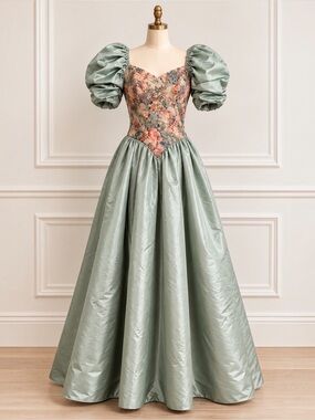 Rare Vtg House of Bianchi Statement Dress Floral Brocade Puff Sleeves Sage Green